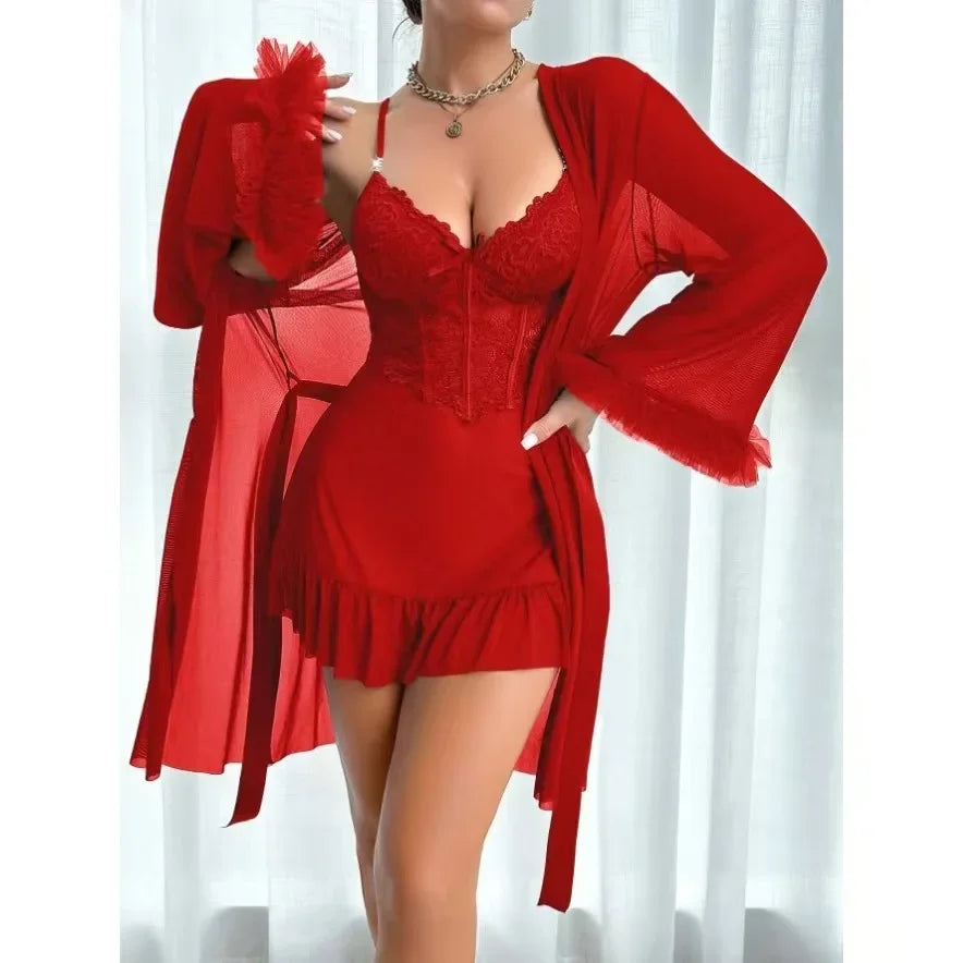 New Arrivals 2PCS Set 4 Colors Sexy Lace Mesh See-Through Nightgown Set Home Clothes Pure Desire Passionate Hot Invitation Home Clothes Set Ladies Sexy Nightdress Suit