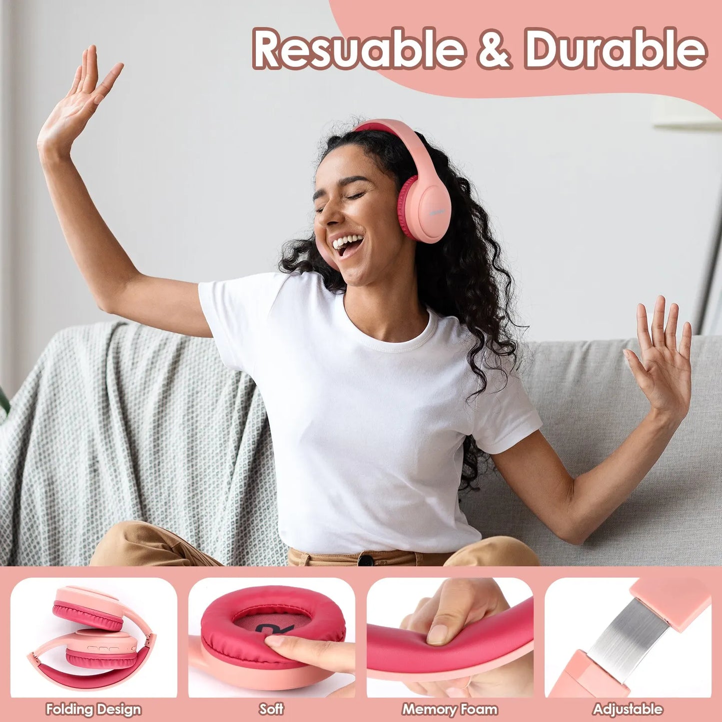Wireless Bluetooth Headphones Pink&Blue Foldable Stereo Earphones Super Bass Noise Cancelling Mic For Laptop TV
