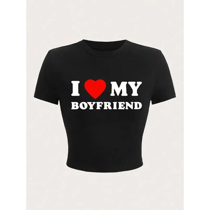 NEW Arrivals White/Black Cropped Shirt *I Love My Boyfriend* T-Shirt Casual Crew Neck Short Sleeve Crop Top for Summer Women's Outdoor Running Cycling Fitness Streetwear Beach Bar Tops