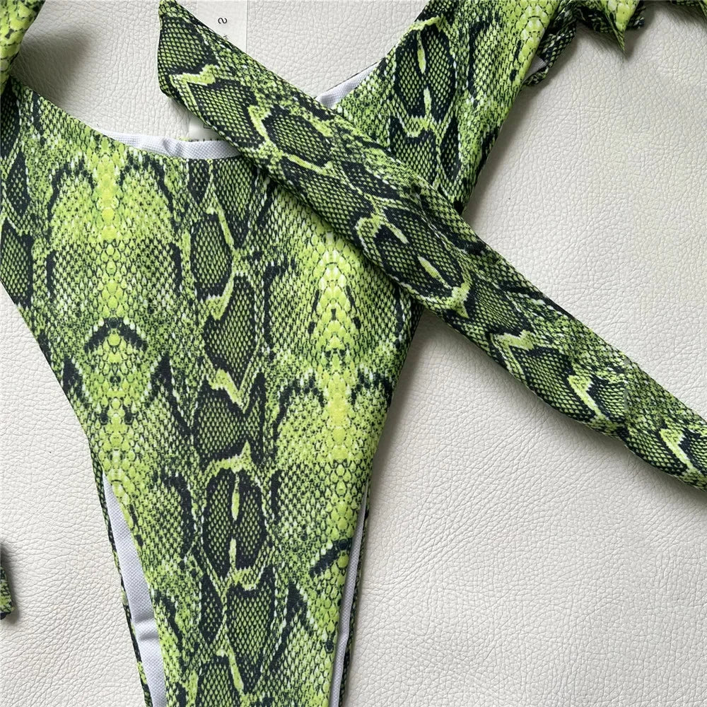 NEW Arrivals Sexy Green Snakeskin Swimwear One Piece Swimsuit Women Hollow Out Monokini Bandage Knotted High Cut Bathing Ladies Swimming Suit