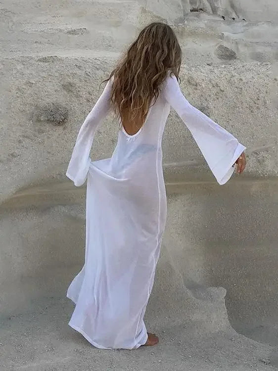 NEW Arrivals Sexy Transparent Black/White Backless See-through Long Dress Women's Summer Slim High Waist Spliced Long Sleeve Solid Color Evening Nightclub Beach Party Ladies Long Dress