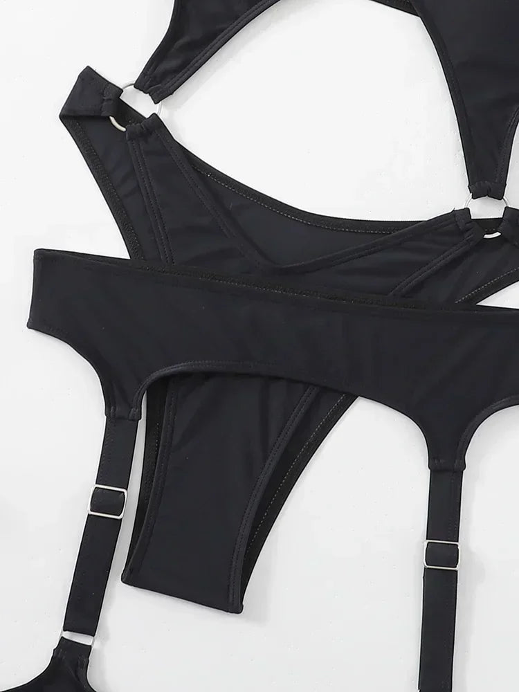 NEW Arrivals Sexy Hot Halter Tummy Cut Out Swimsuit With Garter Female Monokini Swimsuit Women Swimwear High Cut Bather Bathing Suit Swim Bodysuit