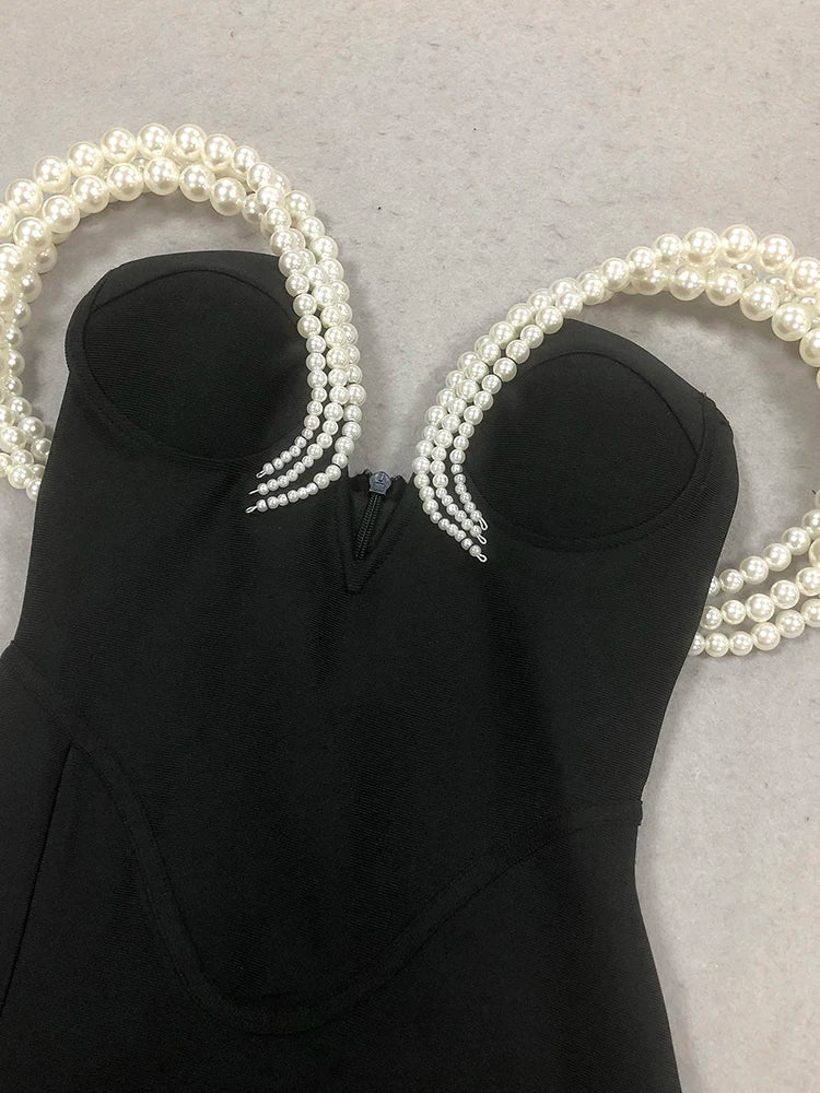 NEW Sexy Big Pearl Beading Off Shoulder Bandage Dress Women Sleeveless Backless Folds Split Slim Long Dresses Evening Party Formal Red Carpet Celebrity Ladies Luxury Fashion Clothing Supplies