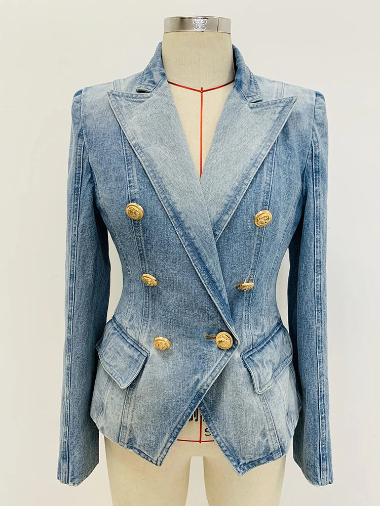 Newest Designer Jacket Women's Slim Fitting Double Breasted Lion Buttons Denim Blazer