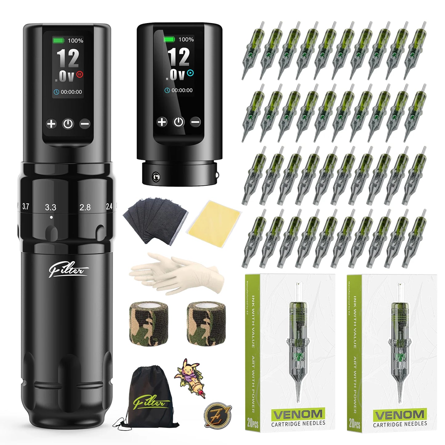 NEW Arrivals 40PCS Set Filter8Pcs Ink Wireless Tattoo Kits Cartridge Tattoo Machine Pen Kits Cartridge Tattoo Needles Permanent Makeup Tattoo Body Painting Accessories Cosmetics Supplies