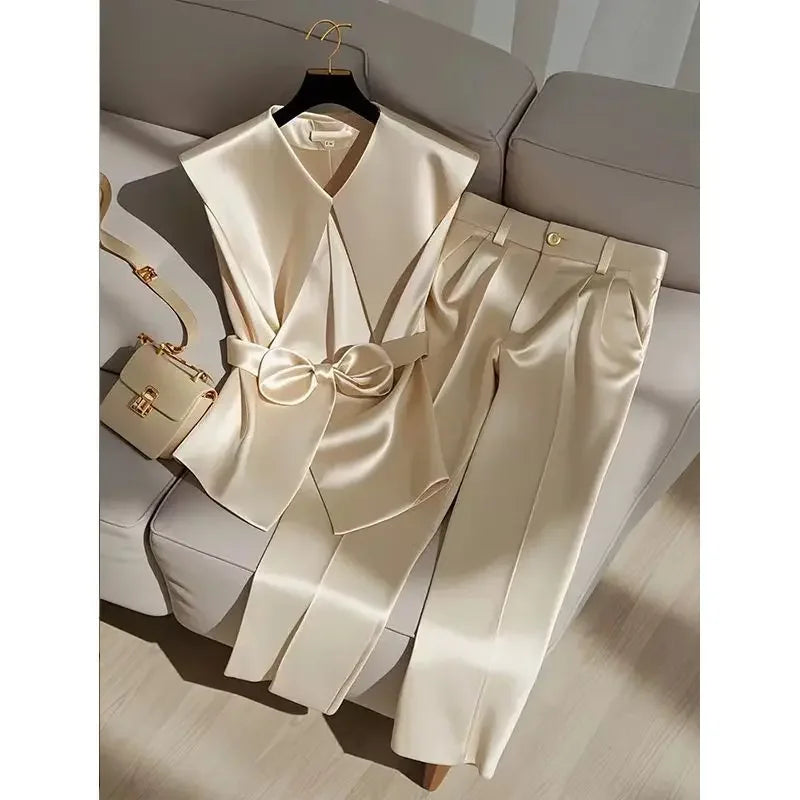 NEW 2PCS Set S-XL Italian Fashion Women Satin Celebrity Outfits Elegant OL Peter Pan Collar Bow Sleeveless Vest + High Waist Wide Leg Pants Ladies Business Trip Office Lady Formal Luxury Fashion Clothing Supplies