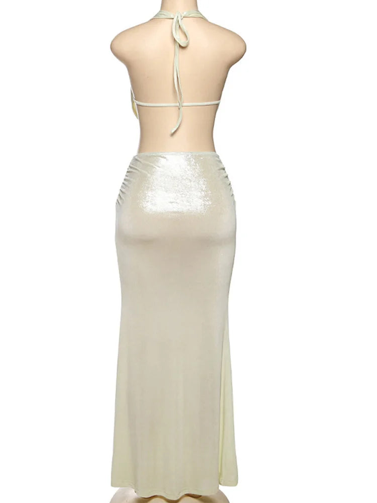NEW BRAND 2 PCS Set UK Size Spring Summer Sexy Shiny Drape Metallic Skirt Dress Nigh Club Outfits Women Backless Long Straps Matching Set Evening Beach Party Ladies Sexy Dress