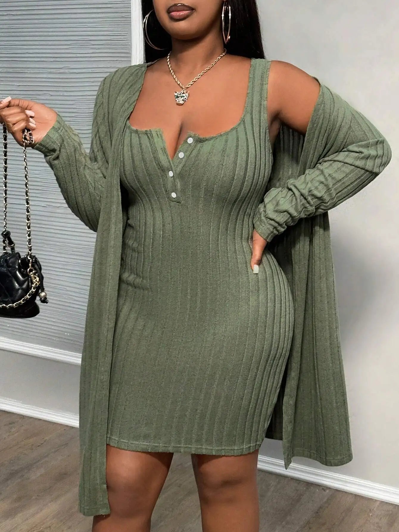NEW Arrivals 2PCS Set XL-3XL Plus Size Ribbed Chubby Women Elegant Solid Mini Dress Female Casual Long Coat Spring Autumn Evening Party Matching Set