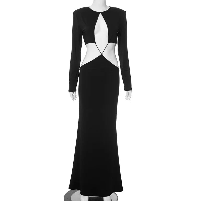 NEW Sexy Fashion Black Sexy Cut Out Maxi Dress Bandage Evening Party Night Club Outfits Long Sleeve Plunge Dresses Elegant Gown Ladies Sexy Fashion Clothing Supplies