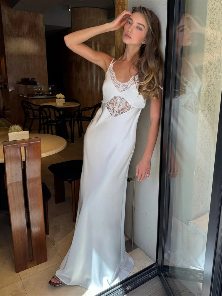 NEW Black/White Color Sexy Lace Hollow Out Maxi Dress Female Backless Spaghetti Slim V-Neck Hollow Out Commute Dress Summer Halter Dresses