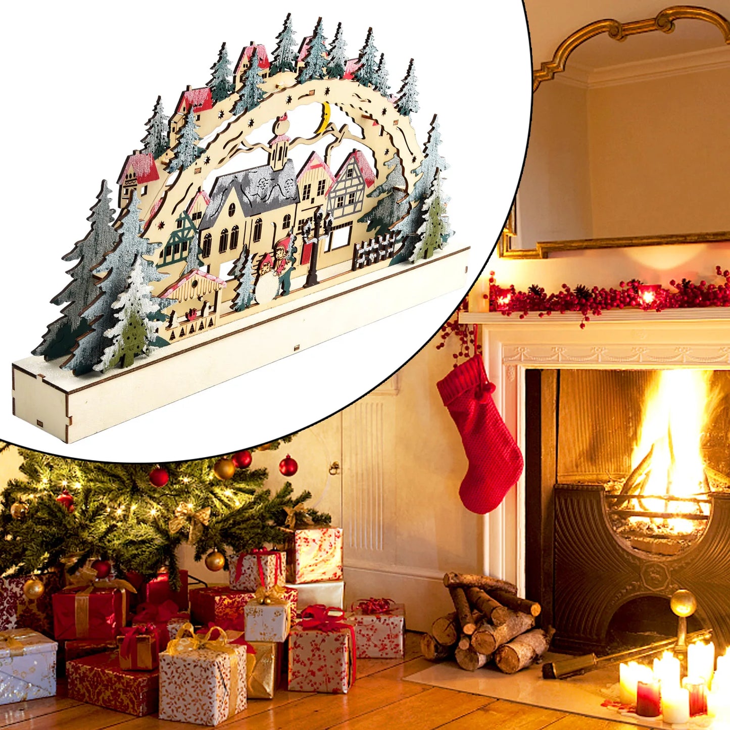 Christmas House LED Light Wooden House Luminous Cabin Snowman Doll Christmas Village Scene Ornament Christmass Decoration Craft