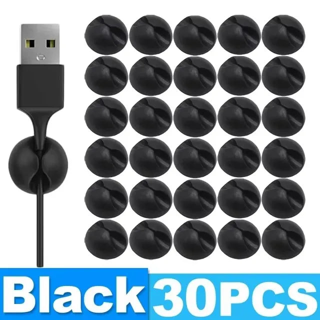 NEW Arrivals 30PCS Set White/Black Color Self-Adhesive Wire Fixer Cable Organizers Cable Holder Silicone Data Lines Desktop Management Compatible Clips Stickers HOME Office