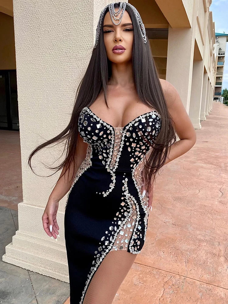NEW Celebrity Red Carpet Party Dress Woman Black Strapless Dress Luxury Crystals Embellished Mesh Splicing Design Bodycon Bandage Long Evening Party Wedding Birthday Guest Luxury Dress