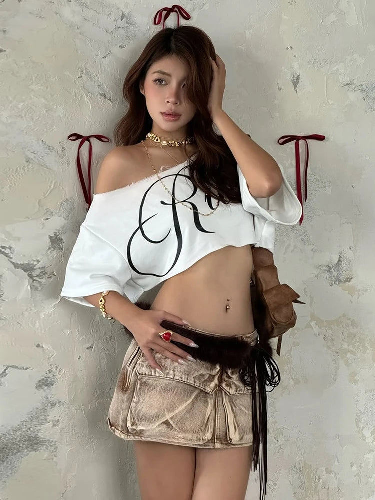 NEW 4 Colors Loose Letter Print Mini T-Shirt Women Summer Trend Biased Collar Versatile Street Skinny Simple Classic Party Daily Tops