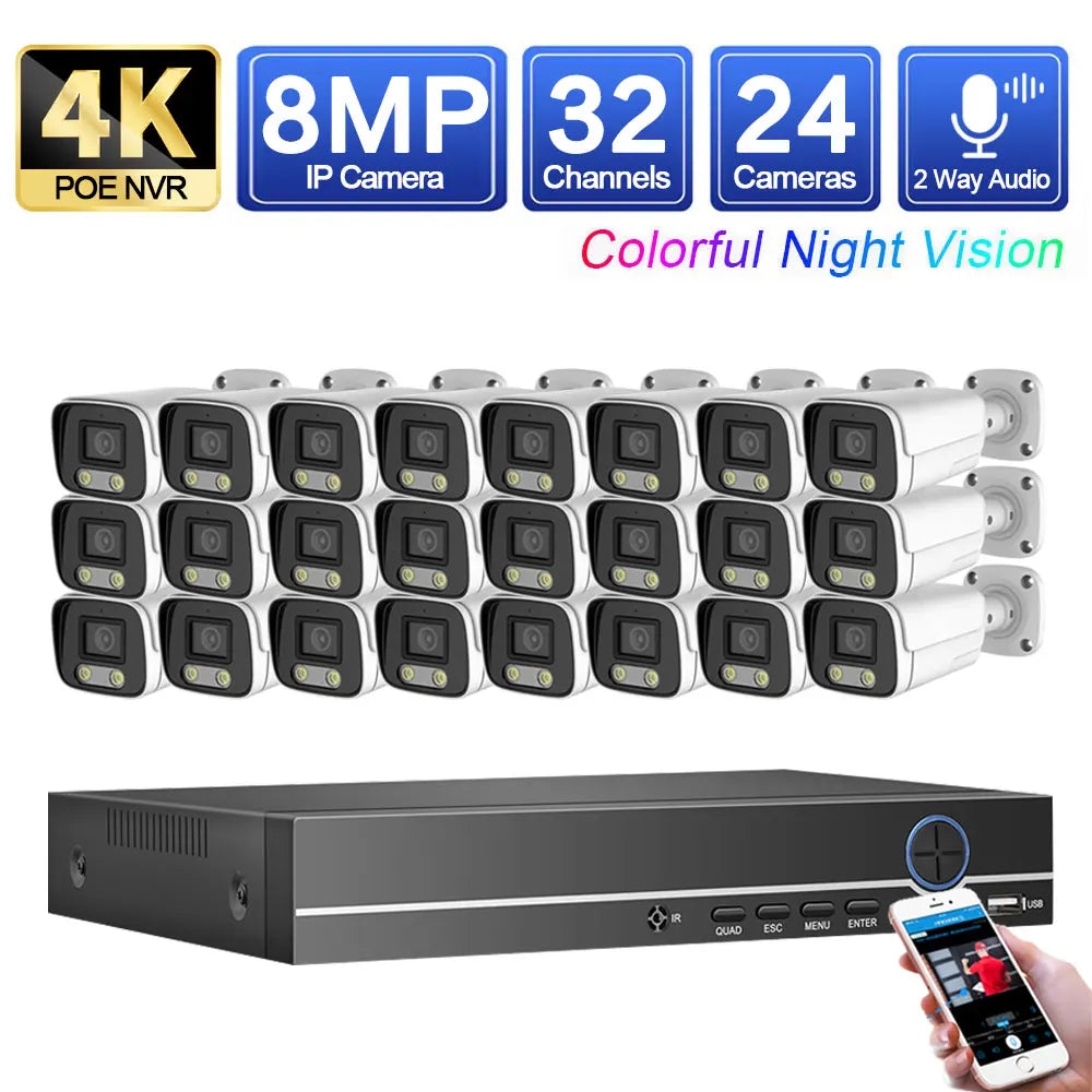 8MP Two Way Audio Camera indoor outdoor Color Night Camera CCTV Video Surveillance Security System 32CH 4K POE NVR Kit