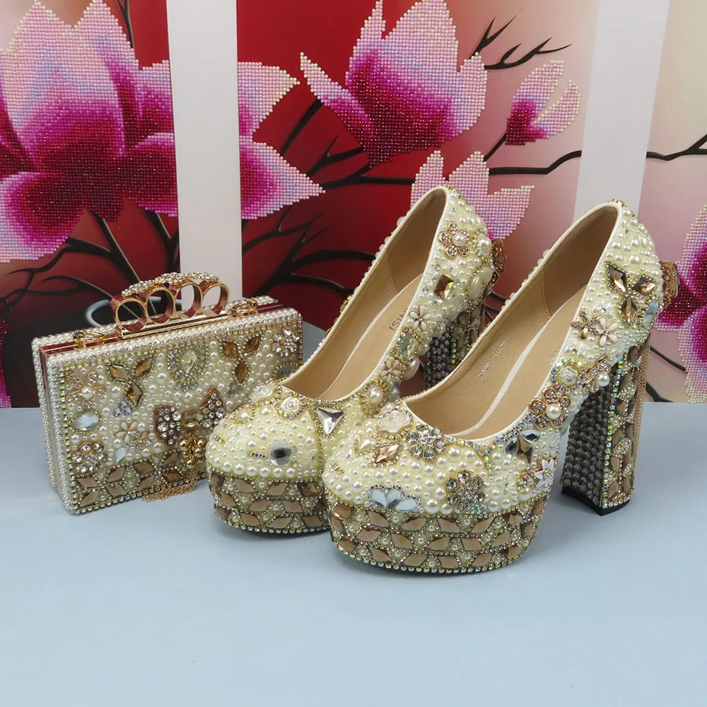 Italian Fashion Champagne Gold Wedding Shoes and Bag Set Woman 14cm High Pumps Thick Heel Evening Party Night Business Shoes Matching Bag Round Toe Pumps Ladies Luxury Fashion Apparel Accessories Clothing Supplies