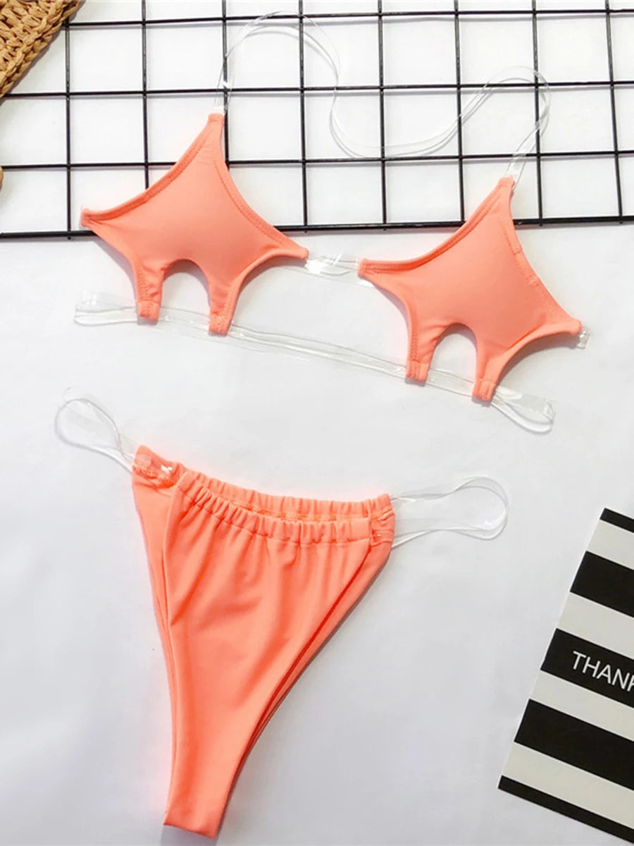 NEW Arrivals Pink/Rose/Silver Sexy Stars Micro Bikini 2025 Women Thong Swimwear Female Transparent Bandeau Swimsuit 2PCS Set Bikini Set Brazilian Bathing Suit Ladies Girls Sexy Beach Wear