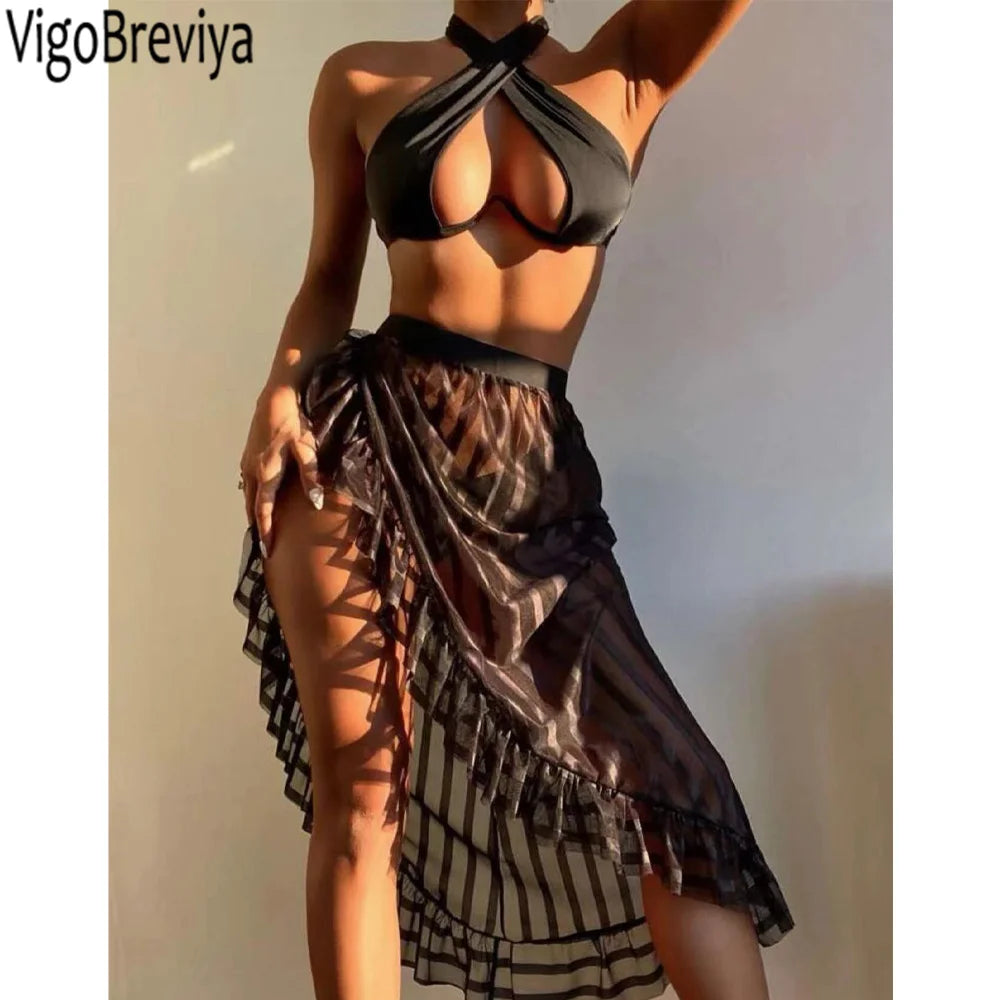 NEW!!!! Sexy Black Cross Halter 3PCS Mesh Skirt Bikini Set Swimwear Women Hollow Push Up Swimsuit Backless Bathing Suit