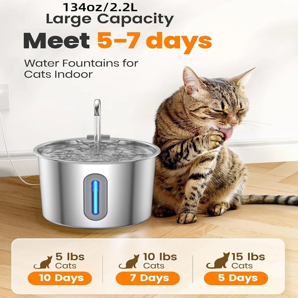 NEW Arrivals 2.2L Top Quality Stainless Steel Cat Water Fountain 2.2L/75 OZ Pet Automatic Water Dispenser for Dog Cat Drinking Pet supplies Filter System