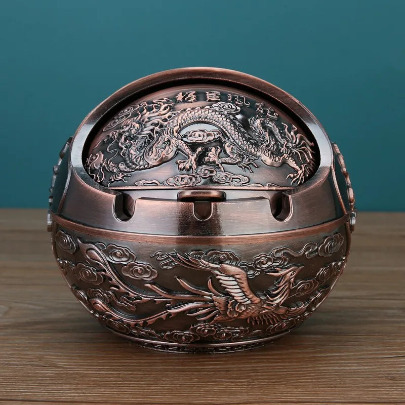 Collectible Ancient Egyptian Tutankhamun Pharaoh Ashtray Zinc Alloy Metal With Cover Anti-Fall Windproof Ashtray Home Living Room Tea Room Table Decoration