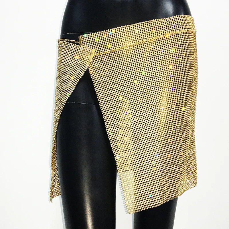 NEW Arrivals 6 Colors Glitter Rhinestone Metal Chain Mini Sexy Skirt For Women Sexy Side Slit See Through Party Skirt Rave Festival Outfits