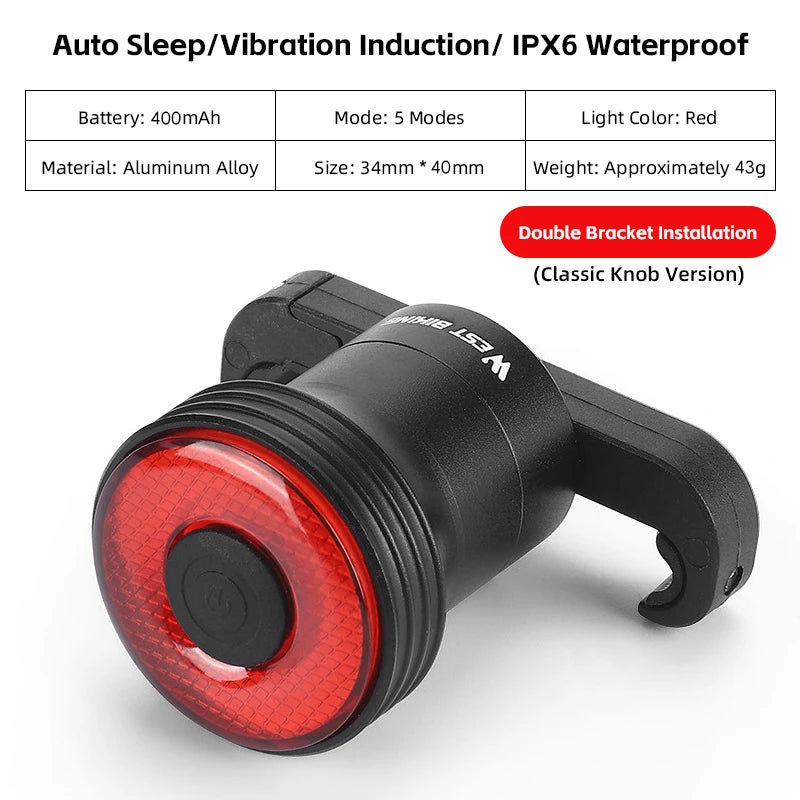 NEW 500mAH Bike Smart Induction Taillight Bright LED Lamp Beads Rear Light MTB Road Bike Waterproof Aluminum Alloy Tail Light Bicycle Lighting Accessories Sports Supplies