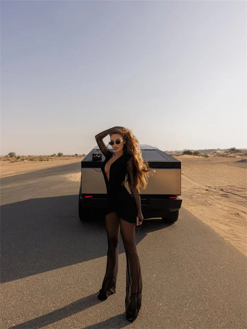 NEW Pink/Black Color UK Size Deep V Neck Long Sleeve Sexy Jumpsuits Women Autumn Winter Patchwork See Through Ruched Club Party Jumpsuit Female Fashion Clothing Supplies