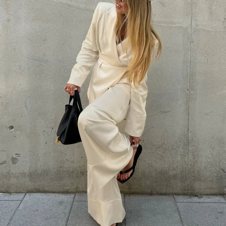 NEW 2PCS Set S-XL UK Size Elegant Beige Satin Trousers Business Office Lady Formal Outfit Spring Women V-Neck Long Sleeved Lace Up Top +High Waist Loose Wide Leg Pants Female Ladies Luxury Fashion Clothing Supplies