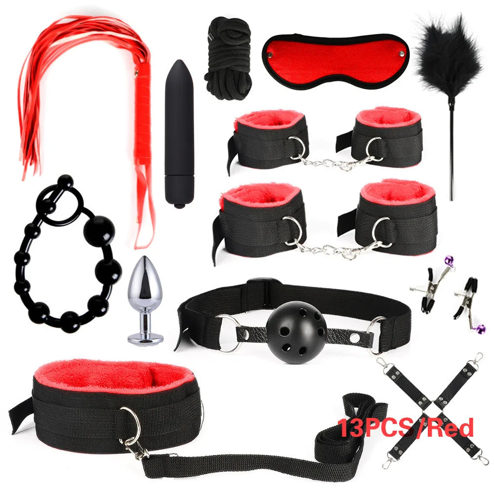 SexLove Set Kits Adults Sex Toys for Women Men Handcuffs Nipple Clamps Whip Spanking Sex Metal Anal Plug Vibrator Butt