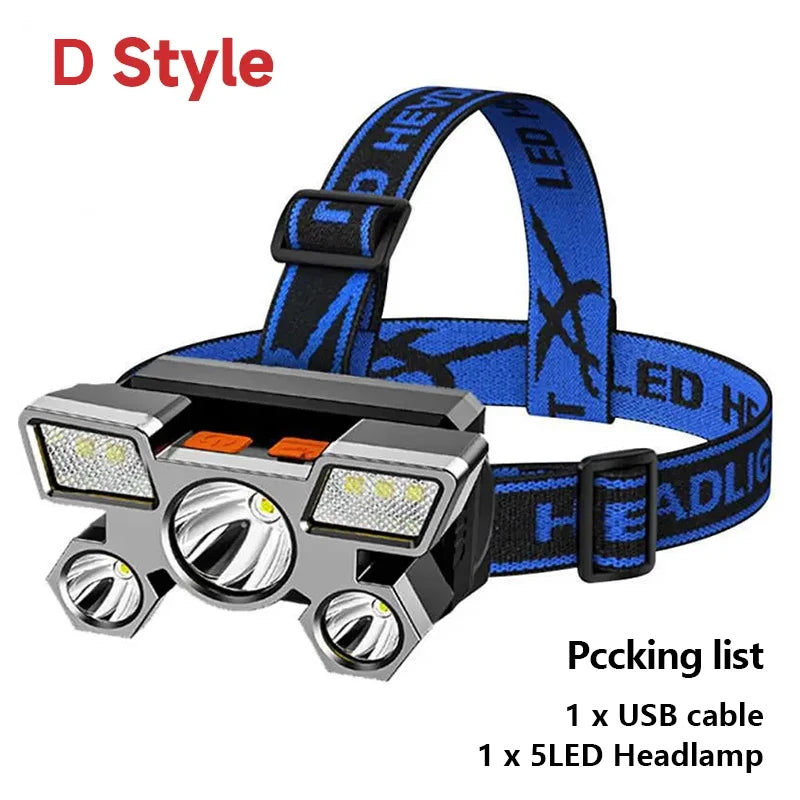 NEW Arrivals 5 LED Flashlight Rechargeable with Built in Battery Strong Light Home Outdoor Camping Adventure Fishing Head Light Headlamp