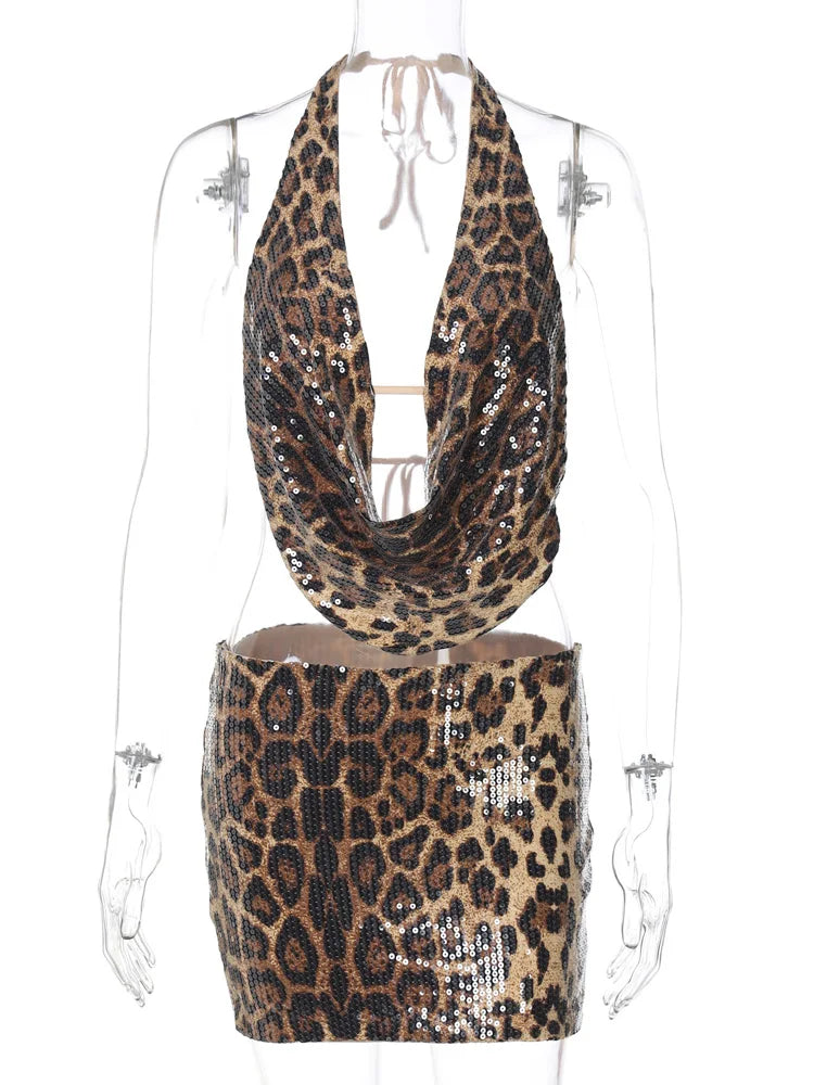 NEW Arrivals 2PCS Set UK Size Sexy Hot Girls Glitter Leopard Draped Sequins Crop Top And Skirt Set Dress Glitter Sequin Festival Outfits Ladies Spring Summer Evening Beach Party Night Clubwear