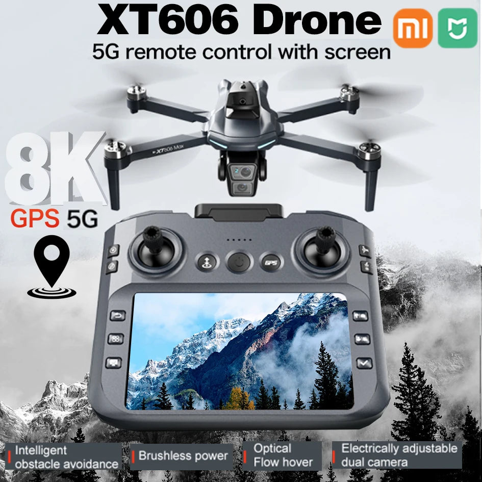 5G GPS XIAOMI NEW XT606 GPS Drone + 3 Batteries Set 8K HD 22 Languages Professional Dual Camera 5G WIFI FPV Obstacle Avoidance Brushless RC Quadcopter Drone