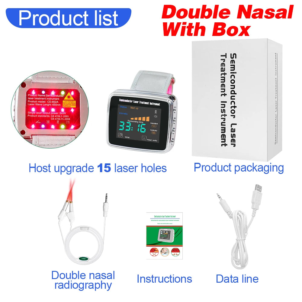 NEW Arrivals 15 Holes 650nm Laser Therapy Watch Diode LLLT Wrist Watch For Diabetes Cholesterol Hypertension Treatment Sinusitis Therapy Health Care Supplies
