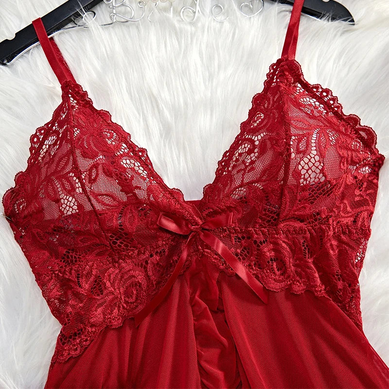 NEW Arrivals 2PCS Set Black/ Pink/Wine Red Color Transparent Sexy Lingerie Women Panties See Through Sleepwear Lace V Neck Nightdress And Thong Sets Female Underwear Briefs Set