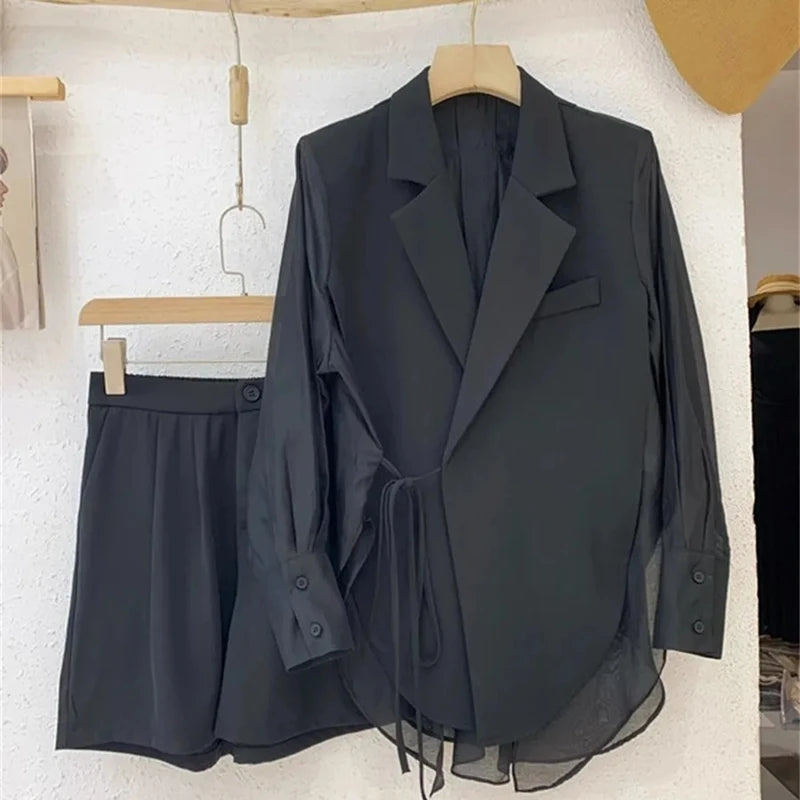 2PCS Set Luxury Women Summer Workwear Shirt Patchwork Short/Long Blazers Shorts Suits New Office Lady Lace Up Tops Pants Outfits Ladies Luxury Fashion Clothing Supplies
