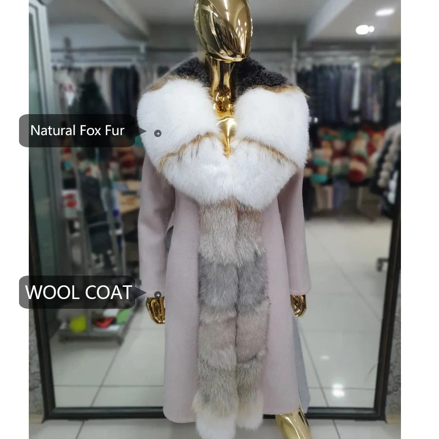 NEW HOT SALE Real Fur Coat Women Cashmere Wool Coat With Fox Fur Long Collar Winter Snow Outerwear Business Dinner Evening Wedding Party Jacket Real Silver Fox Fur Coat Female Ladies Winter Luxury Fashion Clothing Products