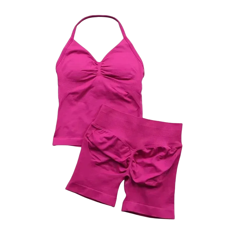 NEW Arrivals 2PCS Set 10 Colors Girls Yoga Gym Set Women's Strap Vest & Shorts Resistance Training Seamless Halter Tank Top Scrunch Butt Lifting Gym Shorts Set