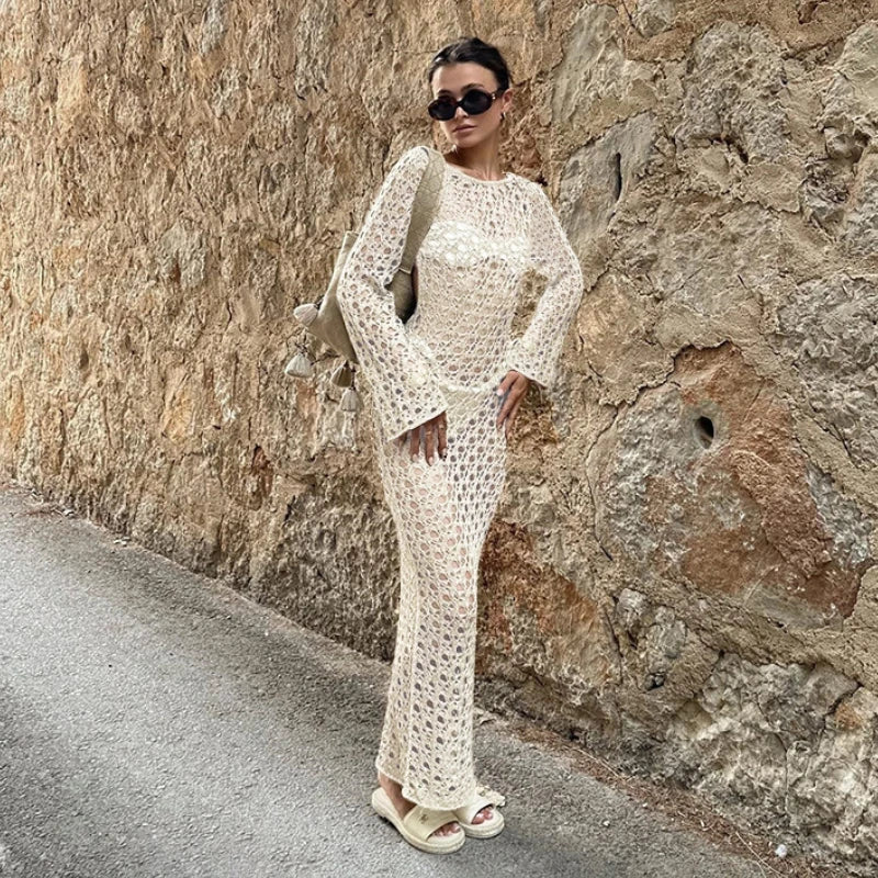NEW Arrivals 3 Colors Crochet Maxi Dress Women Sexy Long Sleeve Hollow Out Backless Bikini Cover Ups for Swimwear Summer Holiday Bathing Suits