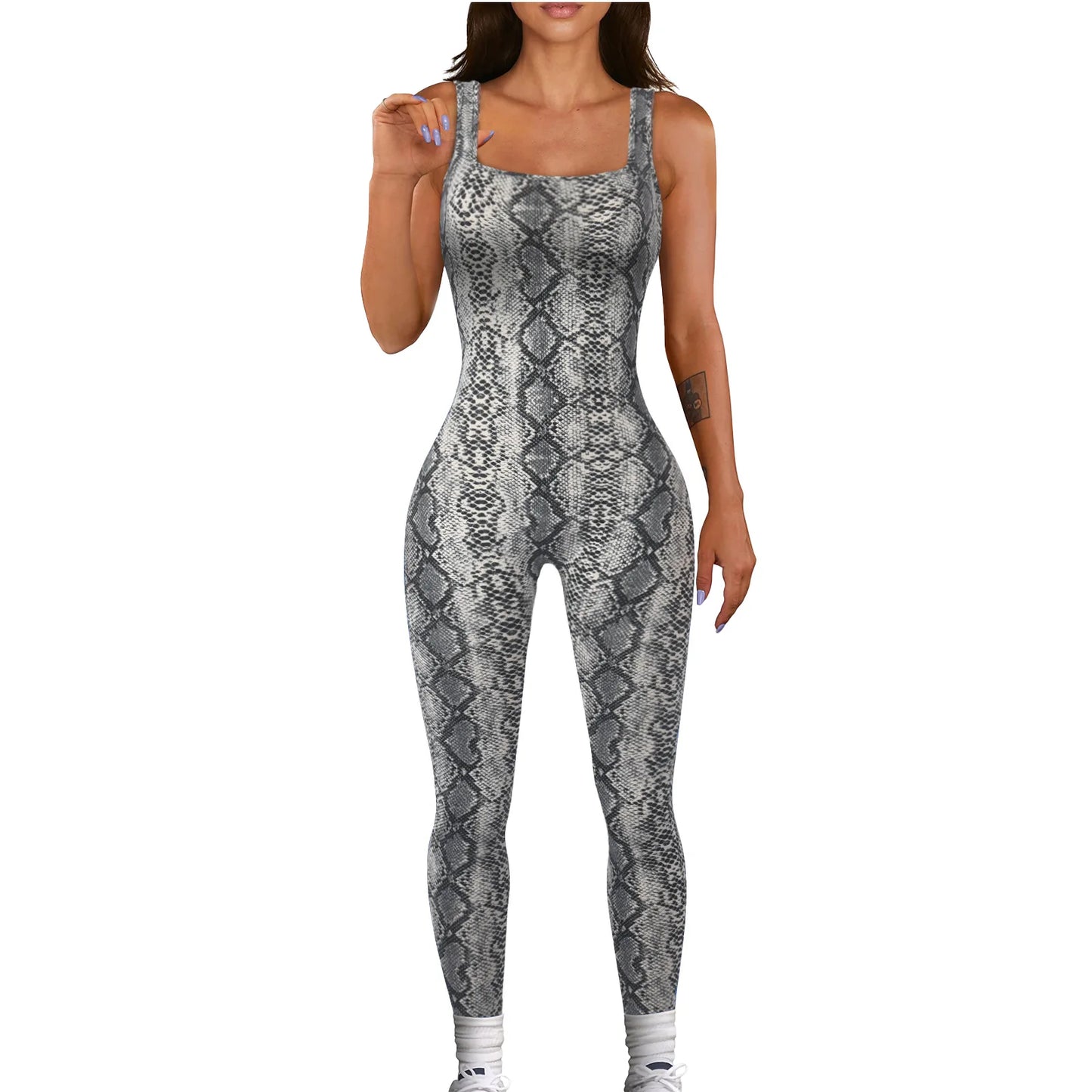 NEW S-2XL 5 Colors Leopard/Snakeskin Women Sexy Sleeveless Bodysuit Threaded Square Neck Open Back Hip Lifting Slim Fit Jumpsuit Girls Streetwear Sexy Fashion Clothing Supplies