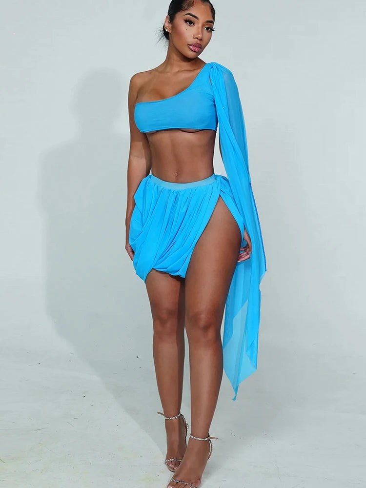 NEW 2PCS Set Blue/Rose Red Color Y2K Sexy Women See Through Midnight Irregular Full Sleeve Crop Tops+ Ruched Split Skirts Matching Clubwear Suit