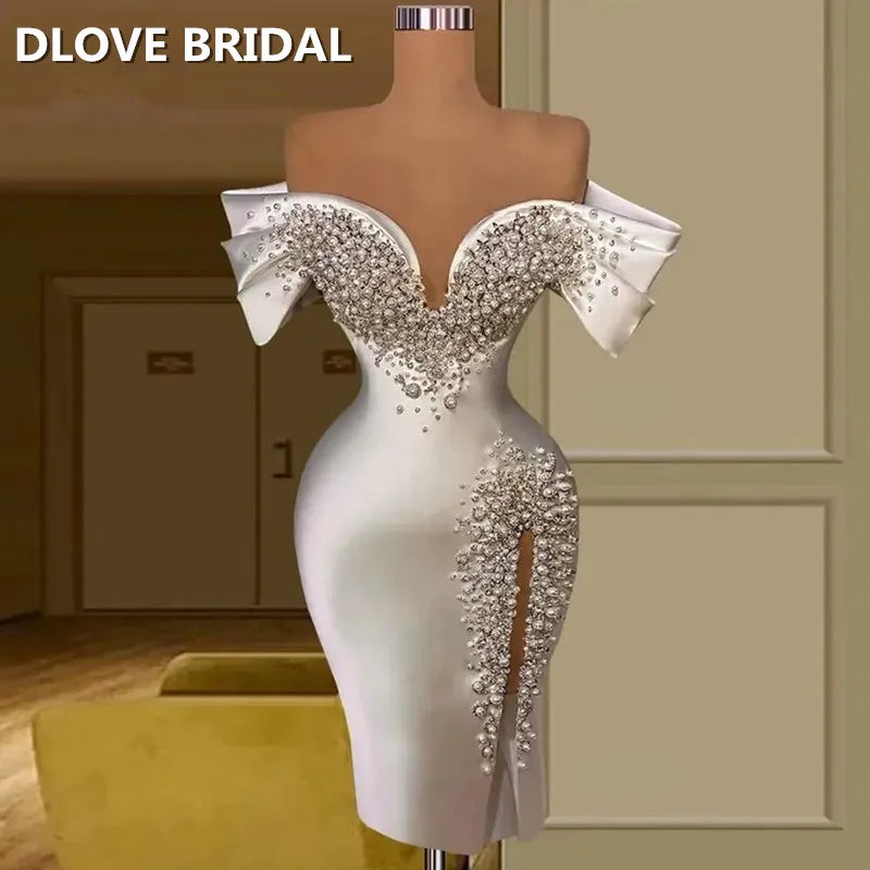 Low-Price Sales are Limited NEW Luxury Sheath Short Wedding Dress Off Shoulder Crystal Pearls Satin Night Business Dinner Opera Concerts Formal Party Gowns Women Ladies Luxury Fashion Clothing Products