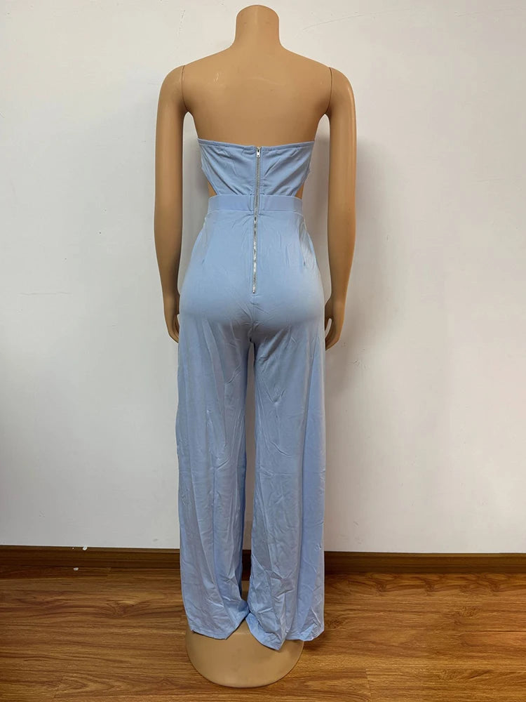 NEW Woman Summer Strapless Blue Jumpsuit with Trousers Solid Color Sexy Backless Jumpsuit Cut Out Waist Ladies Jumpsuit Side Slit
