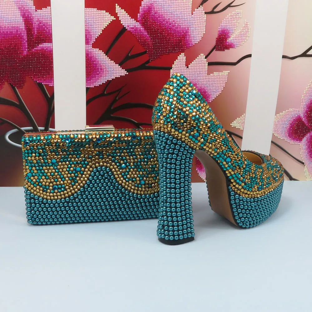 NEW Arrivals Luxury Italian Fashion Teal Blue 5 Colors Wedding Shoes and Bag Set Woman 14CM High Pumps Thick High Heel Evening Party Shoes Matching Bag Round Toe Pumps Ladies Luxury Fashion Clothing Supplies