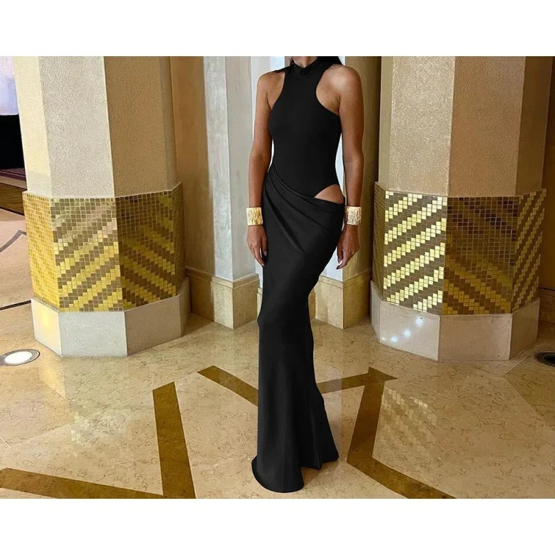 NEW Arrivals Women Fashionable Hollow Out Sleeveless Round Neck Long Dress Women's Empire Waist Gown Elegant Patchwork Maxi Dress Trendy Style