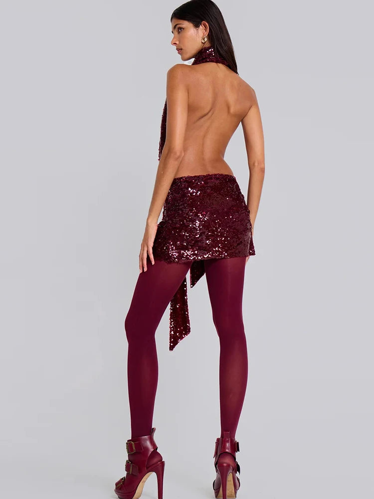 BRAND NEW UK Size Sexy Halter Swinging Neck Women Claret Mini Dress Sexy Stunning Sequins Ribbons Irregular Slim Female Coquette Spring Summer Evening Beach Party Night Club Bodycon