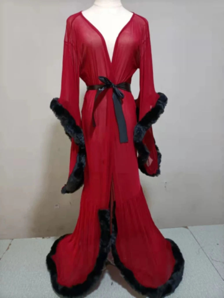 Low-Price Sales are Limited NEW Arrivals 11 Patterns Luxury Real Rabbit Fur Nesh Women Gown Robes Long Nighty Wedding Honeymoon Transparent Trim Big Nightgown Robe with Fur Ladies Bridesmaid Luxury Home Wear