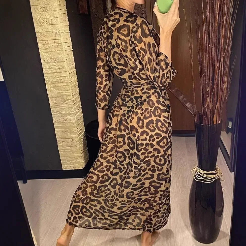 NEW Sexy Chic Long Dress V-Neck Color Block Leopard Belted New Holiday Bikini Cover-Up Beach Skirt Maxi One Piece Women's Gown