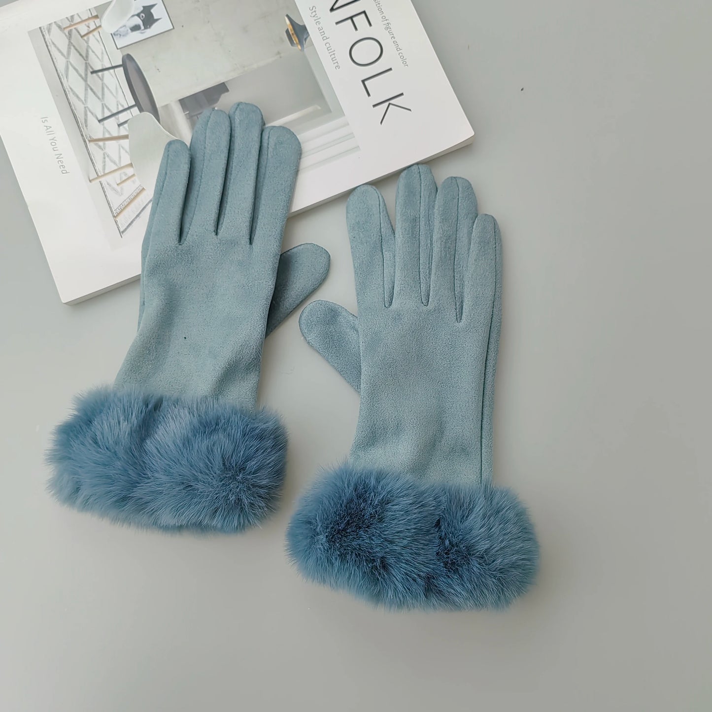 NEW Arrivals 18 Colors Women Faux Rabbit Fur Wrist Suede Leather Touch Screen Driving Glove Winter Warm Plush Thick Full Finger Cycling Black Mitten H92 Women Ladies Luxury Fashion Apparel Accessories