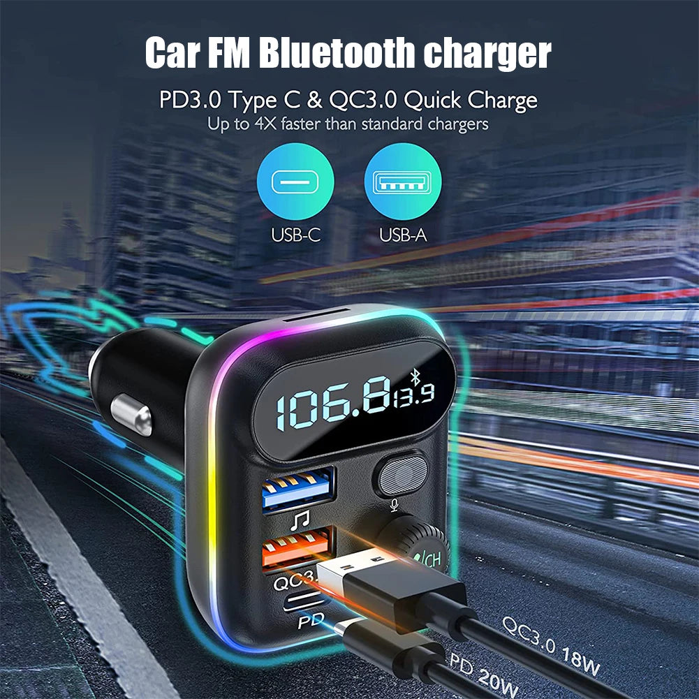 Car Bluetooth 5.0 FM Transmitter QC3.0 PD Type C Dual USB Car Charger Ambient Light Handsfree Mp3 Player Support TF Card