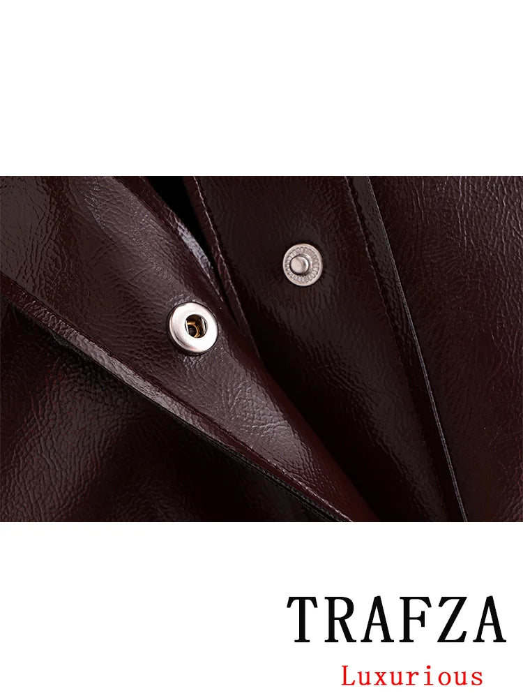NEW Arrivals 2PCS Set UK Size Luxury Vintage PU Leather Women Suit Long Sleeve Turn-Down Collar Jackets Straight Mini Skirt Fashion Autumn Winter Suit